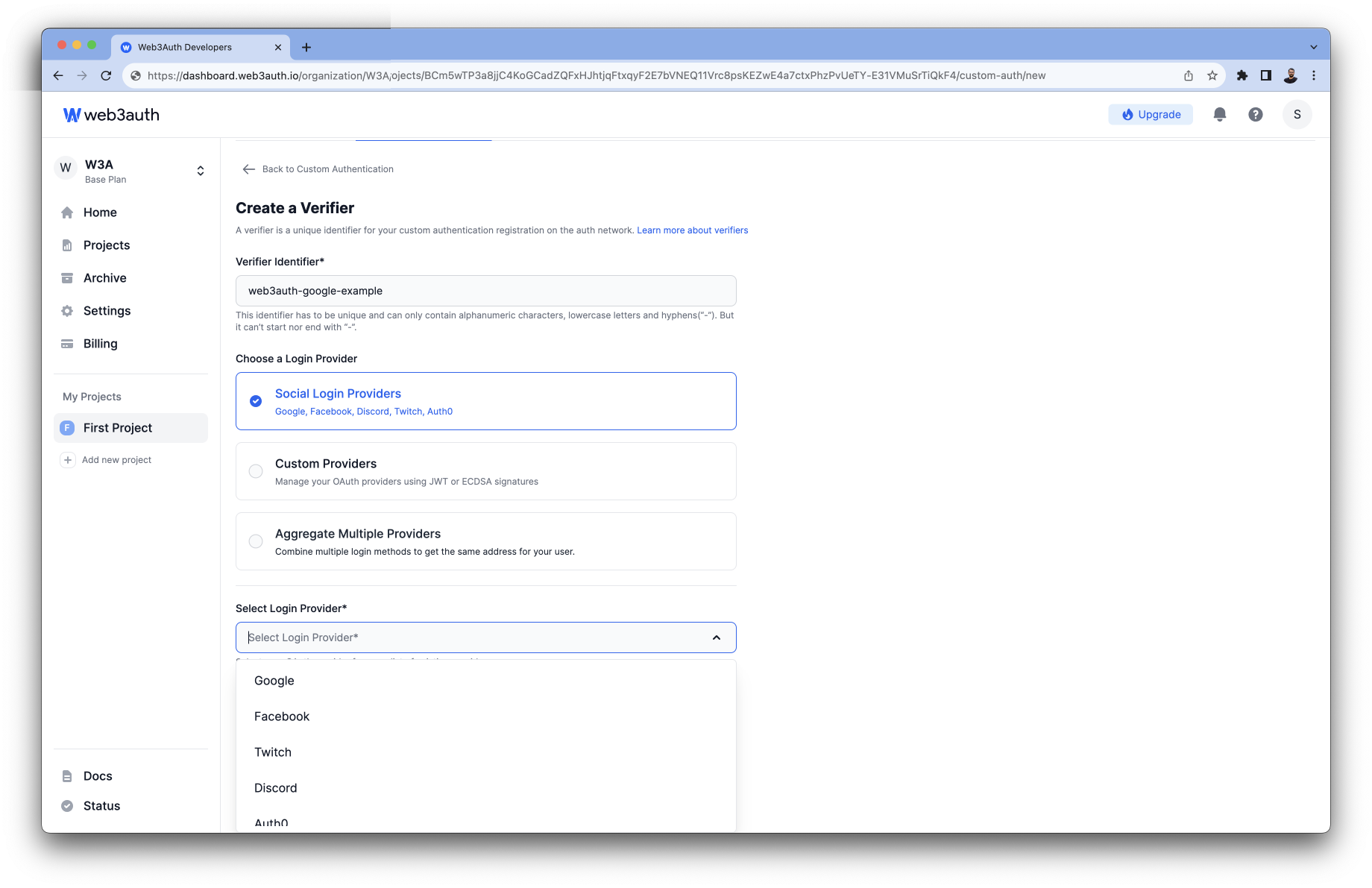 LINE - Auth0 Authentication Type list on Web3Auth Dashboard